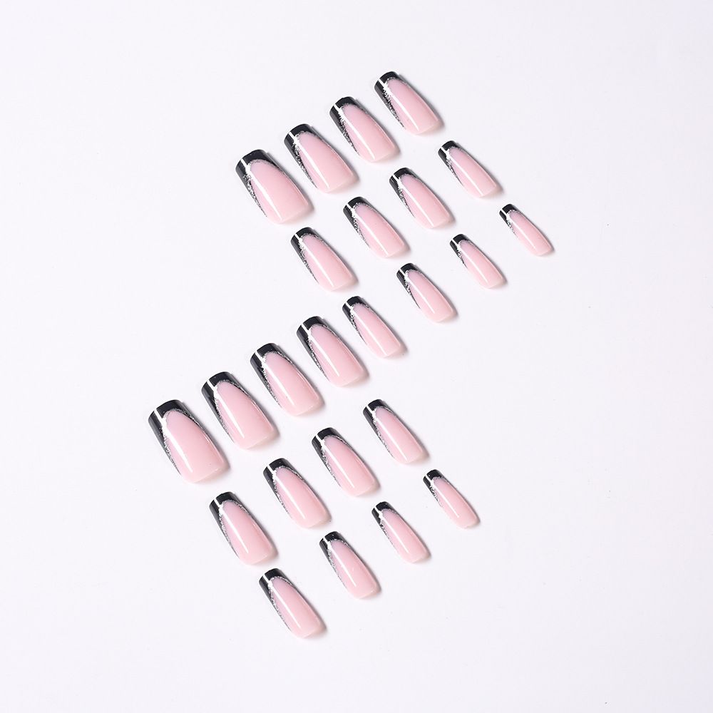 24Pcs Short Square Coffin False Nails French Glitter Wearable Fake Nails Acrylic Full Cover Women Ballet Press on Nails Tips E0185