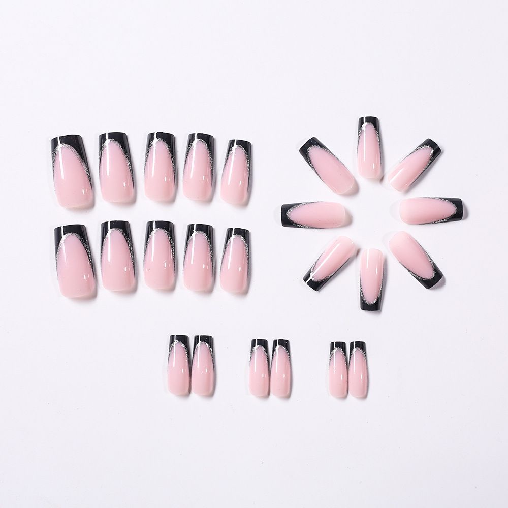 24Pcs Short Square Coffin False Nails French Glitter Wearable Fake Nails Acrylic Full Cover Women Ballet Press on Nails Tips E0185