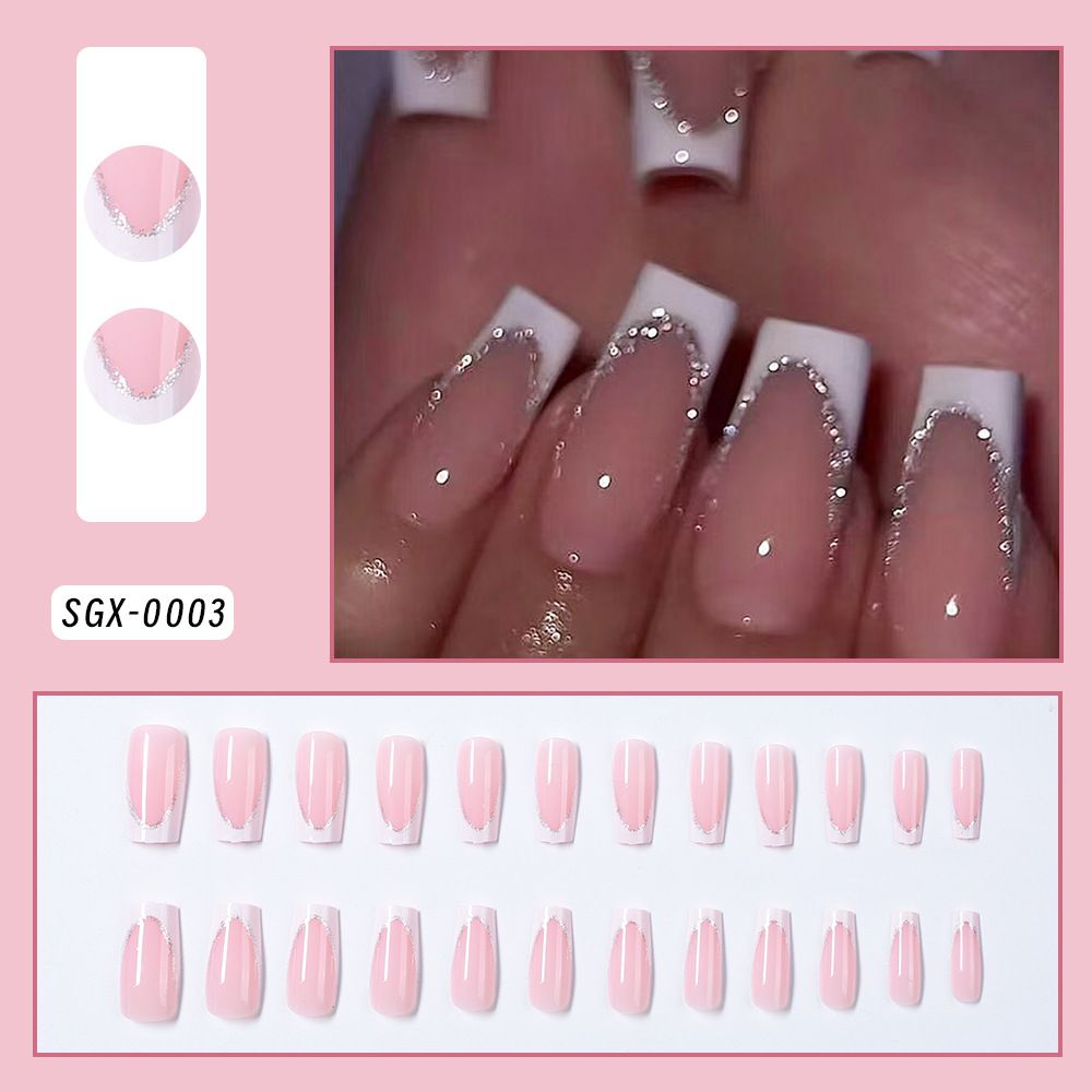 24Pcs Short Square Coffin False Nails French Glitter Wearable Fake Nails Acrylic Full Cover Women Ballet Press on Nails Tips E0185