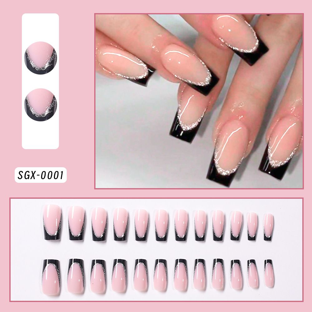 24Pcs Short Square Coffin False Nails French Glitter Wearable Fake Nails Acrylic Full Cover Women Ballet Press on Nails Tips E0185