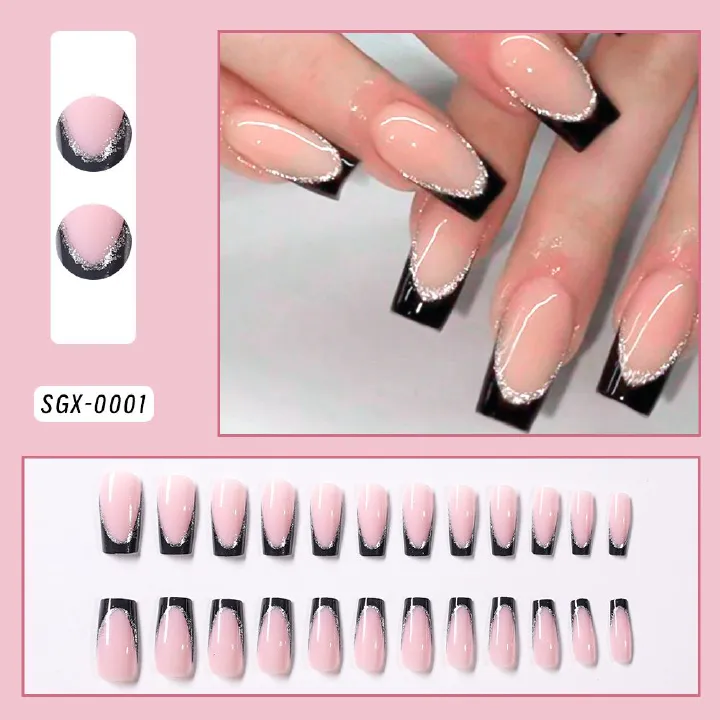 24Pcs Short Square Coffin False Nails French Glitter Wearable Fake Nails Acrylic Full Cover Women Ballet Press on Nails Tips E0185