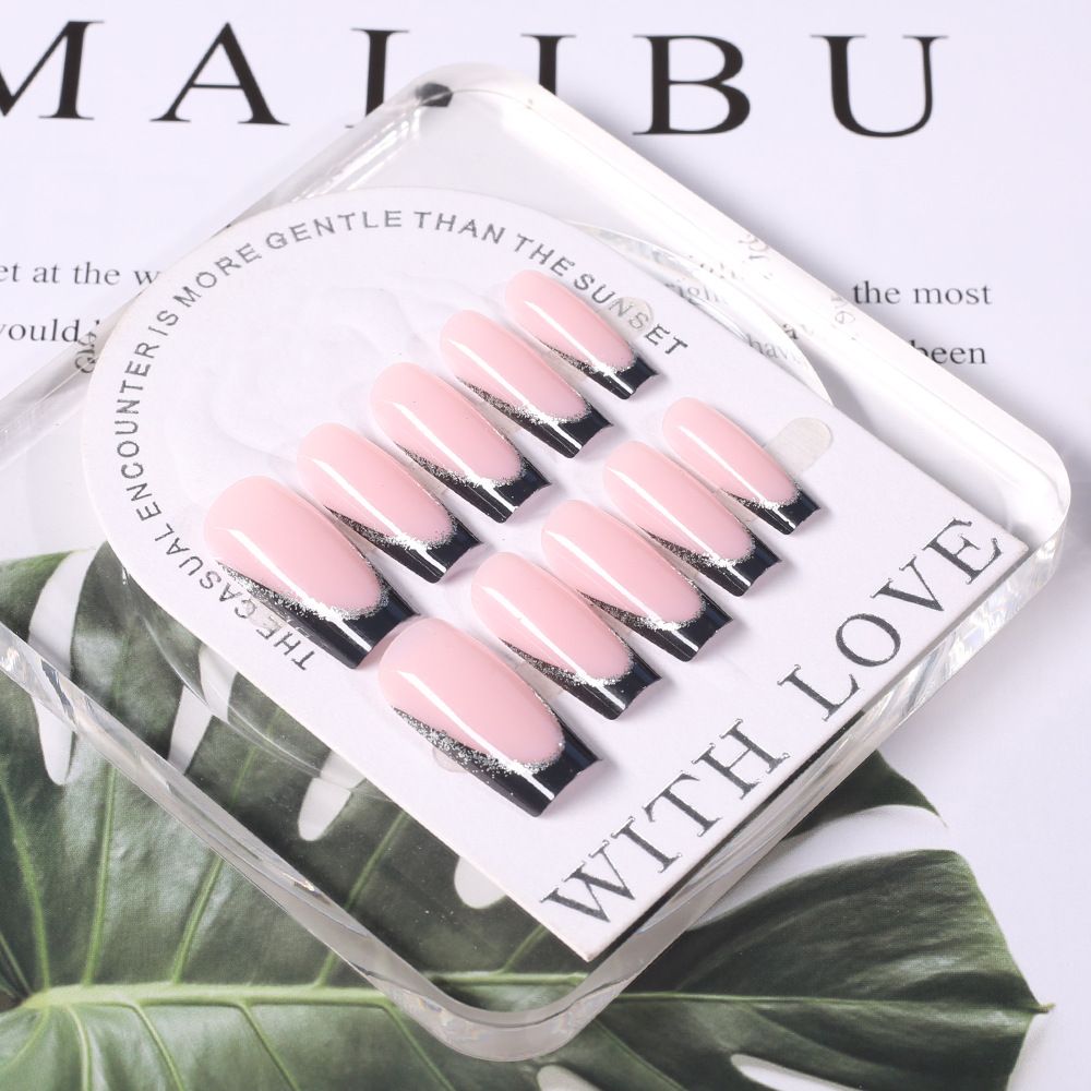 24Pcs Short Square Coffin False Nails French Glitter Wearable Fake Nails Acrylic Full Cover Women Ballet Press on Nails Tips E0185