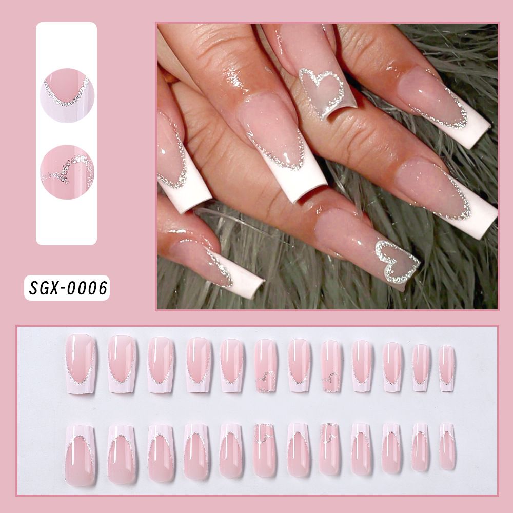24Pcs Short Square Coffin False Nails French Glitter Wearable Fake Nails Acrylic Full Cover Women Ballet Press on Nails Tips E0185