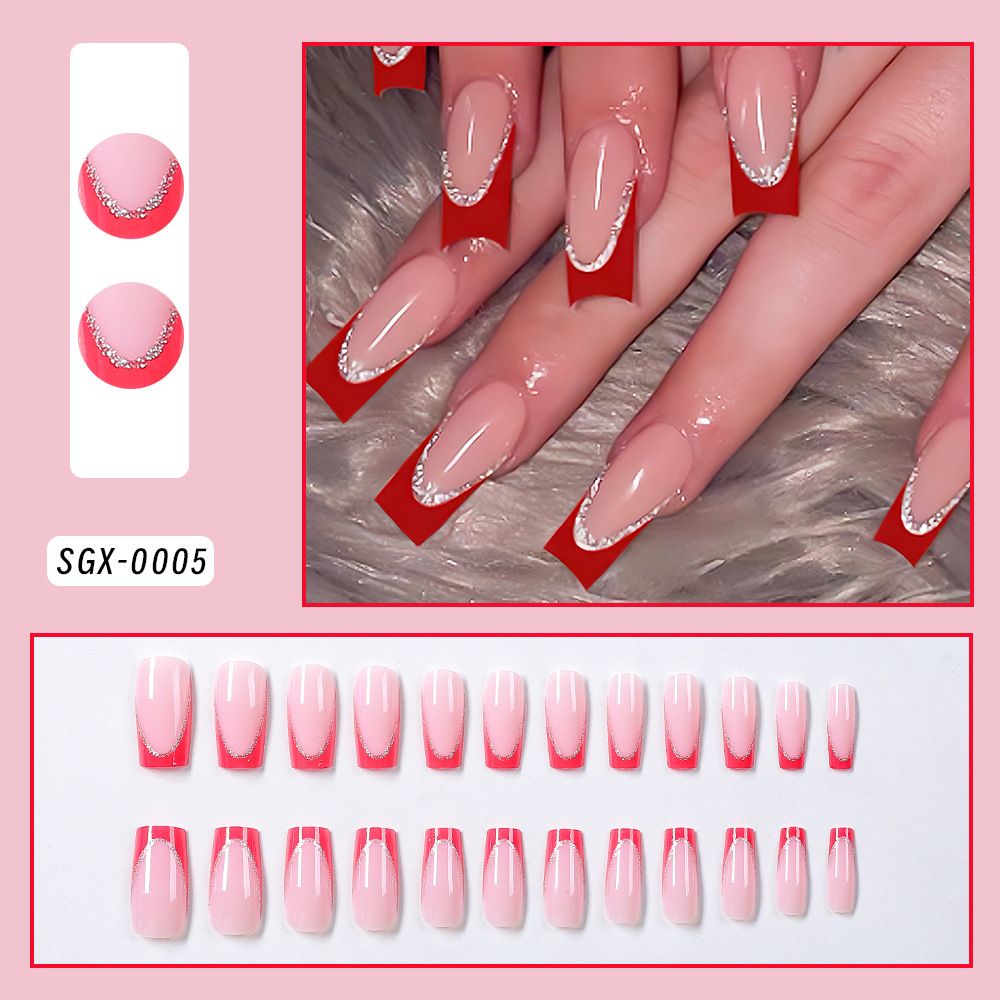 24Pcs Short Square Coffin False Nails French Glitter Wearable Fake Nails Acrylic Full Cover Women Ballet Press on Nails Tips E0185