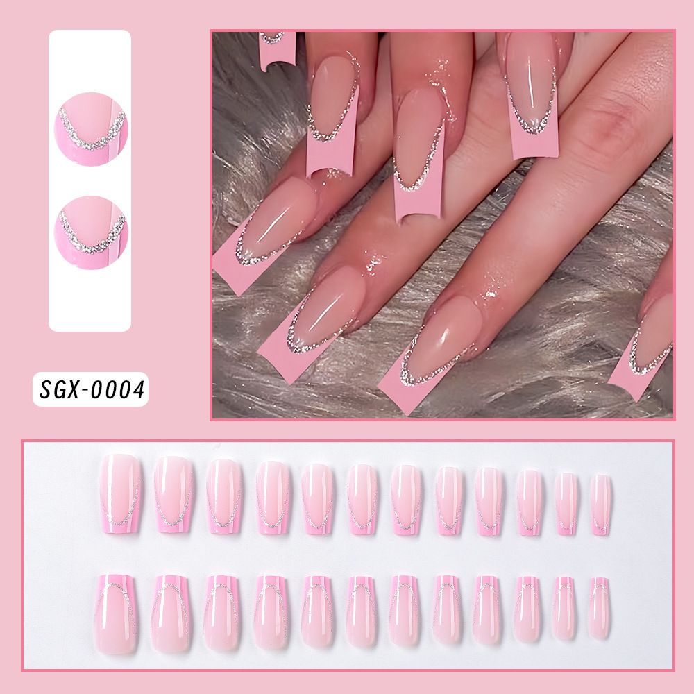 24Pcs Short Square Coffin False Nails French Glitter Wearable Fake Nails Acrylic Full Cover Women Ballet Press on Nails Tips E0185
