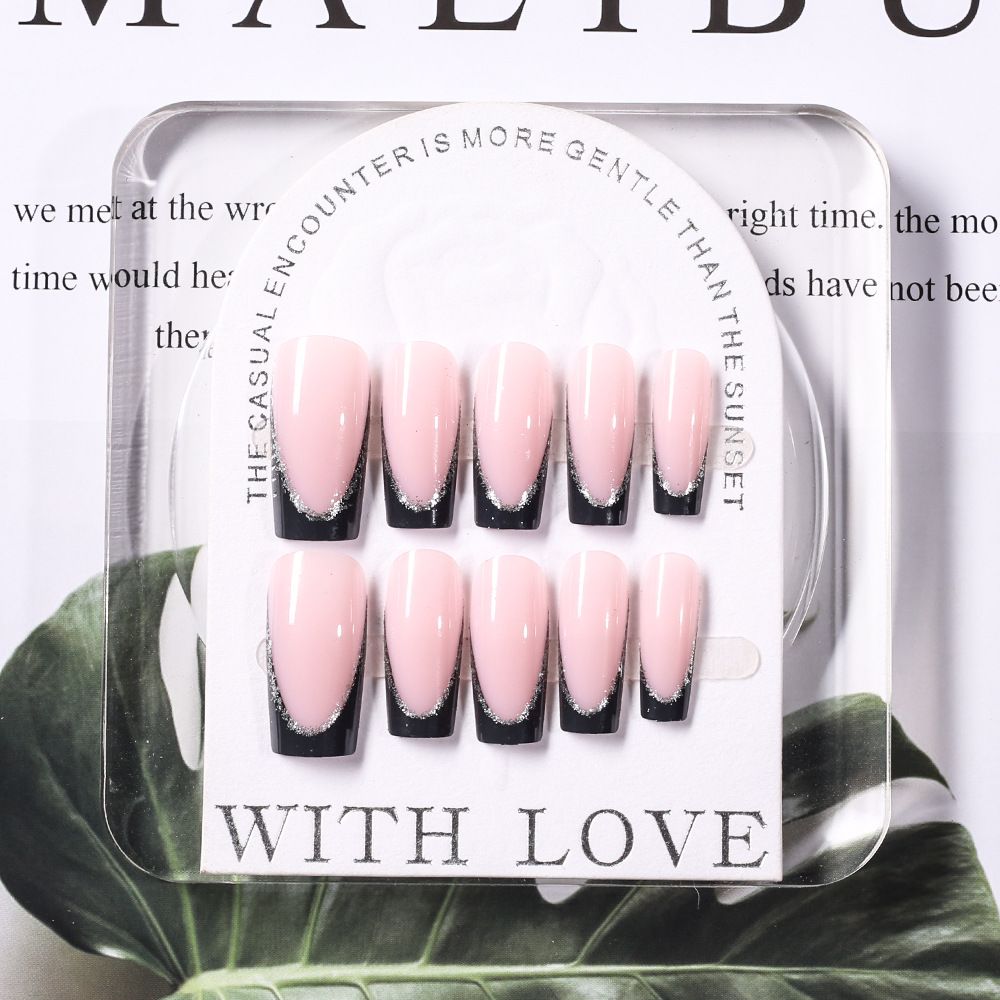 24Pcs Short Square Coffin False Nails French Glitter Wearable Fake Nails Acrylic Full Cover Women Ballet Press on Nails Tips E0185