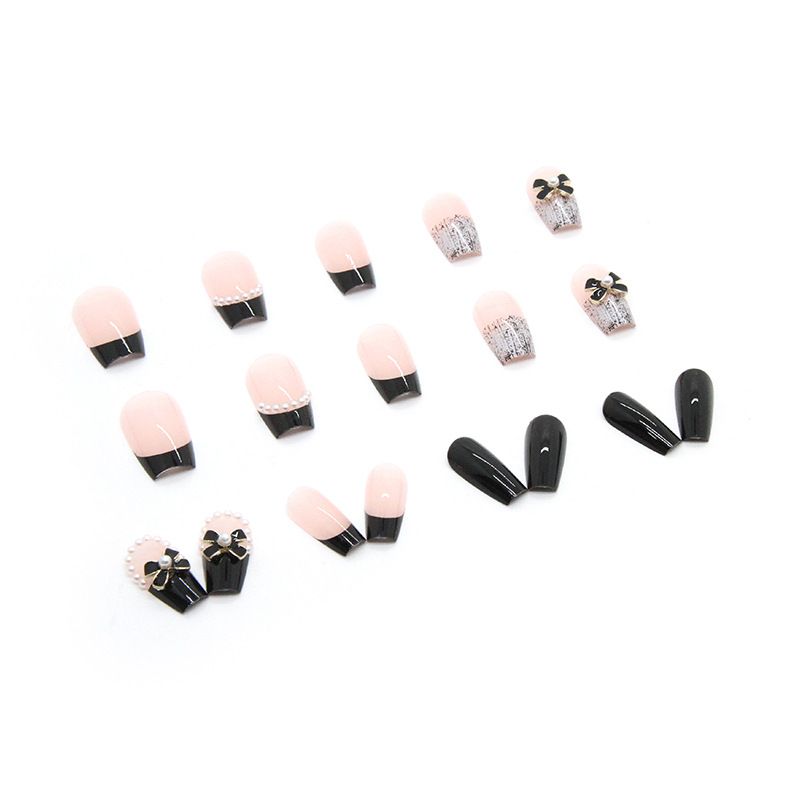 24Pcs Pink Leopard Print French Tips False Nails Short Square Head 3D Black Bowknot Fake Nails Acrylic Full Cover Press on Nails E0163