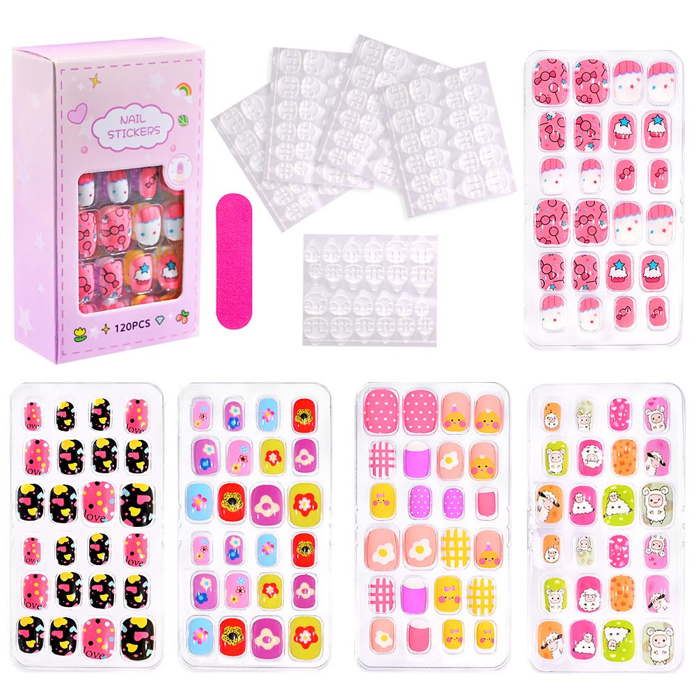 120pcs/box Pink Cartoon Children Press On Nails Candy Color Unicorn Cat Bunny Kids Full Cover False Nail Girls Party Nail Decora E0101A