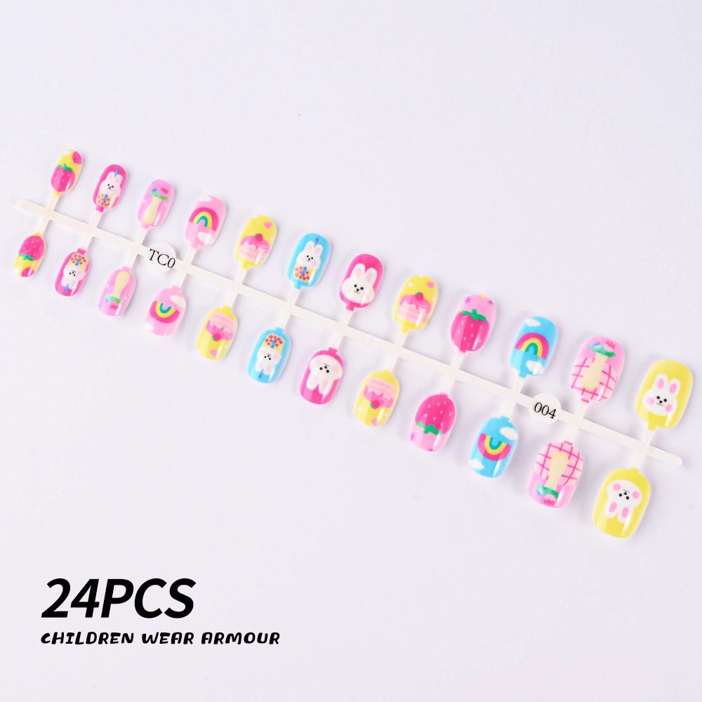 24Pcs/Strip Pink Detachable Child False Nails Tip Kawaii Cartoon Strawberry Acrylic Artificial Full Cover Press On Nail for Girl E0103A