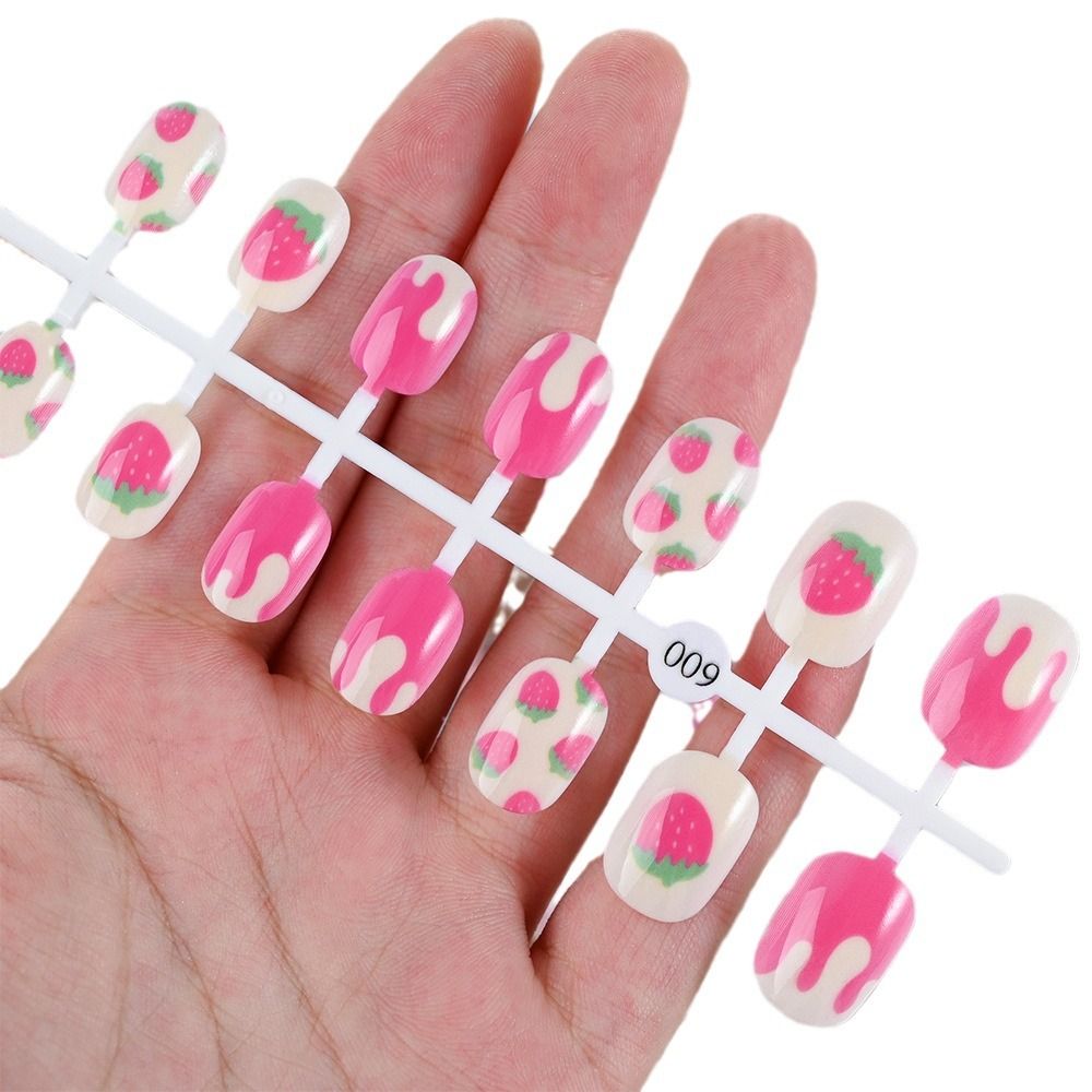 24Pcs/Strip Pink Detachable Child False Nails Tip Kawaii Cartoon Strawberry Acrylic Artificial Full Cover Press On Nail for Girl E0103A
