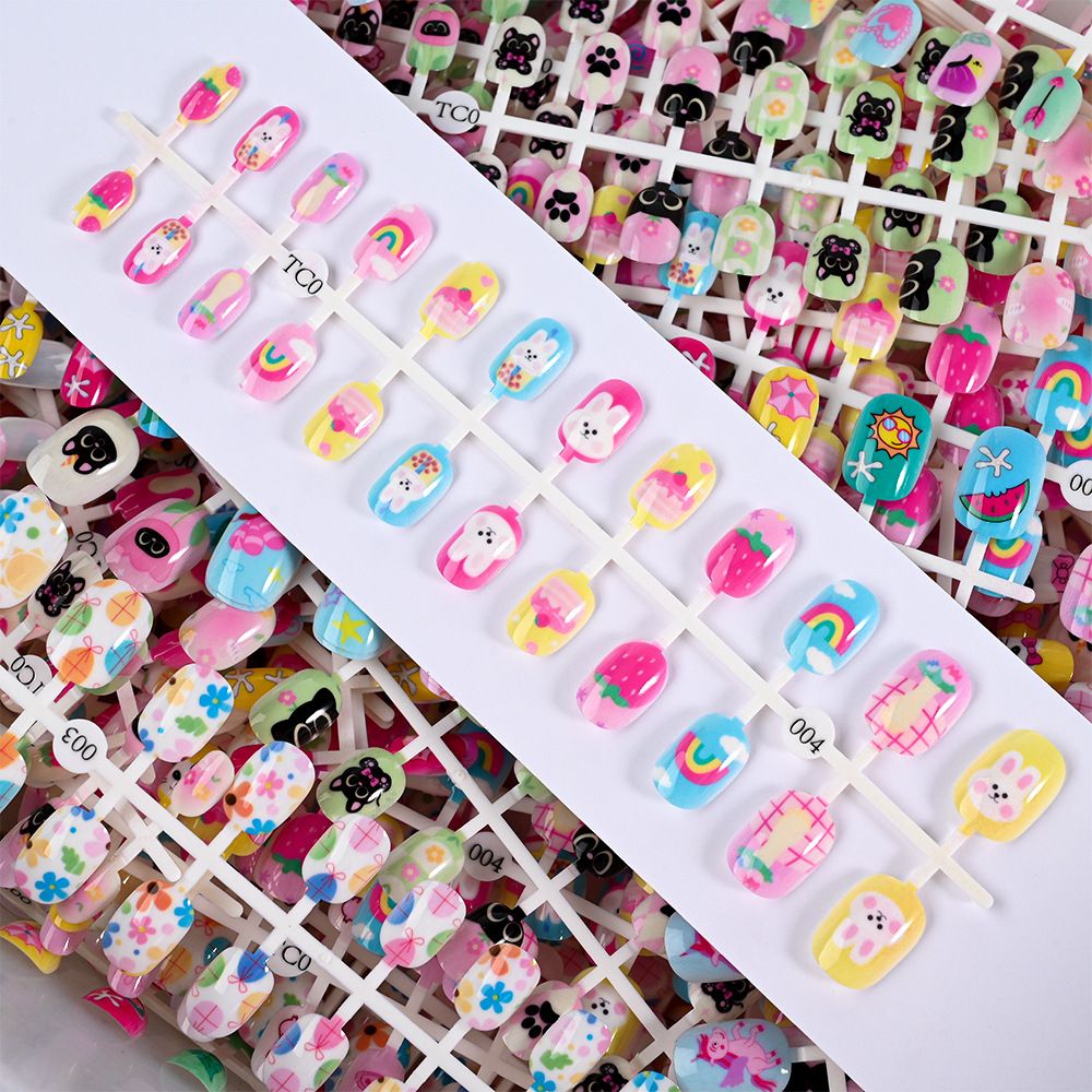 24Pcs/Strip Pink Detachable Child False Nails Tip Kawaii Cartoon Strawberry Acrylic Artificial Full Cover Press On Nail for Girl E0103A