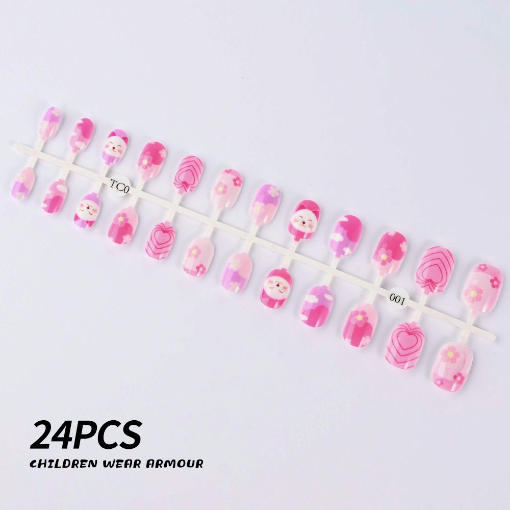 24Pcs/Strip Pink Detachable Child False Nails Tip Kawaii Cartoon Strawberry Acrylic Artificial Full Cover Press On Nail for Girl E0103A