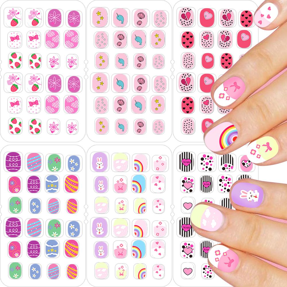 24Pcs Kids Press on Nails Children Fake Nails Girls Full Cover Short False Fingernails for Kids Design Decoration Lovely Pattern E0104A