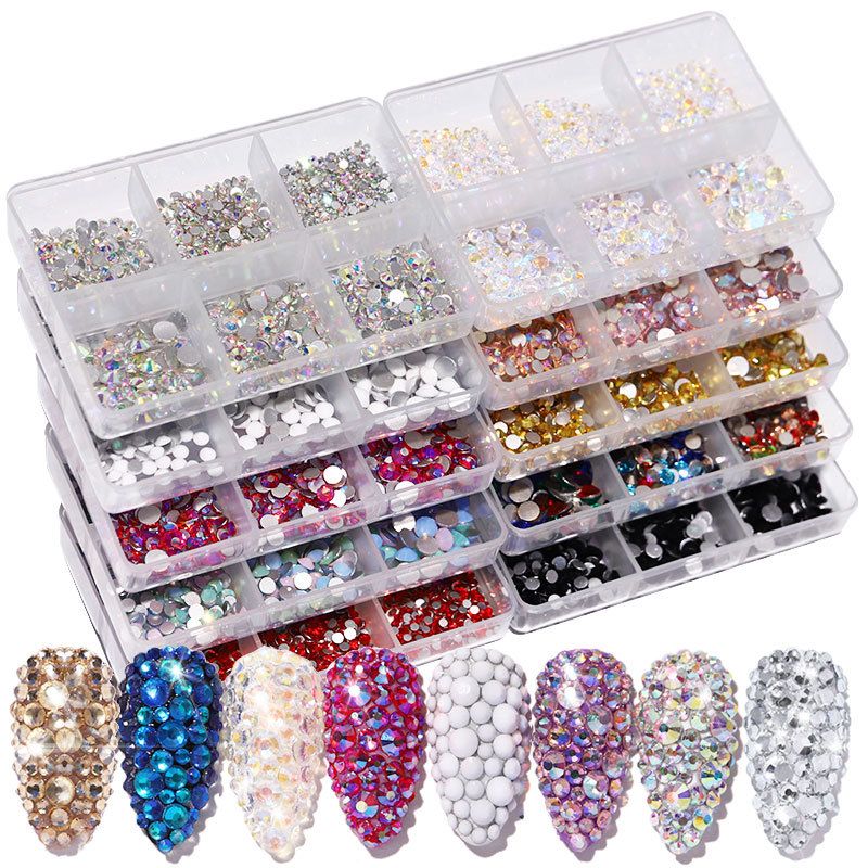 6 Grids/Box AB Flat Rhinestones For Nails Mixed Color Champagne Diamond Kit Nail Art Decoration DIY Manicure Design Tools E0105A