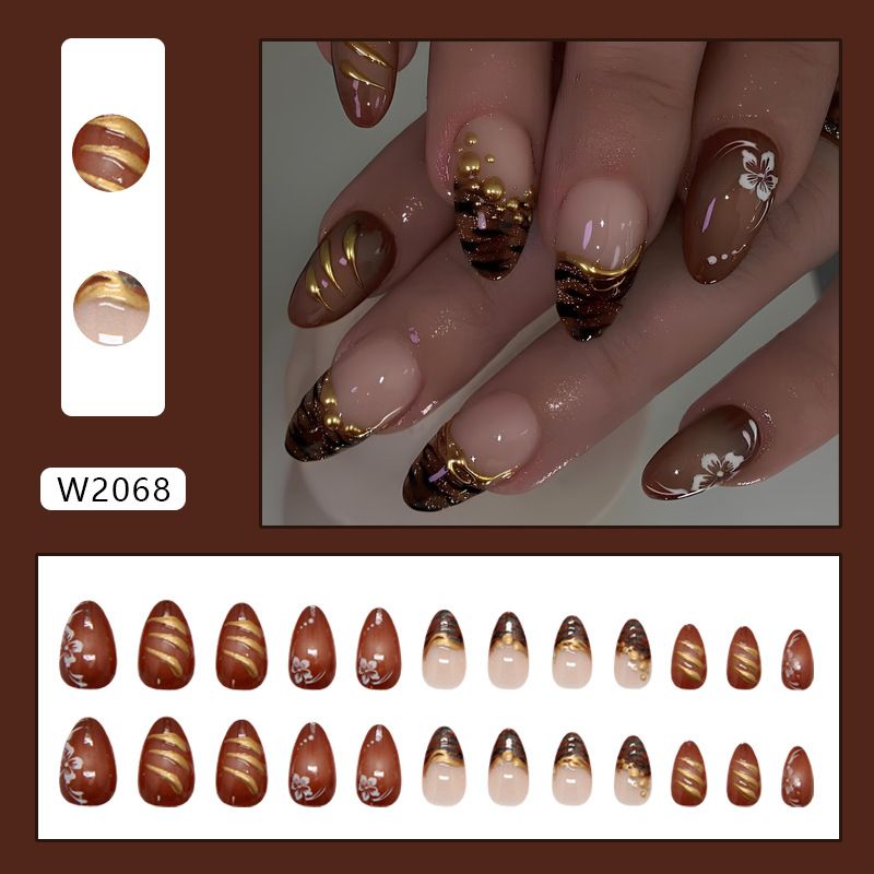 24Pcs Golden French Fake Nail with Almond Head Design Simple Oval False Nails Wearable Press on Nails Full Cover Nail Tips E0186