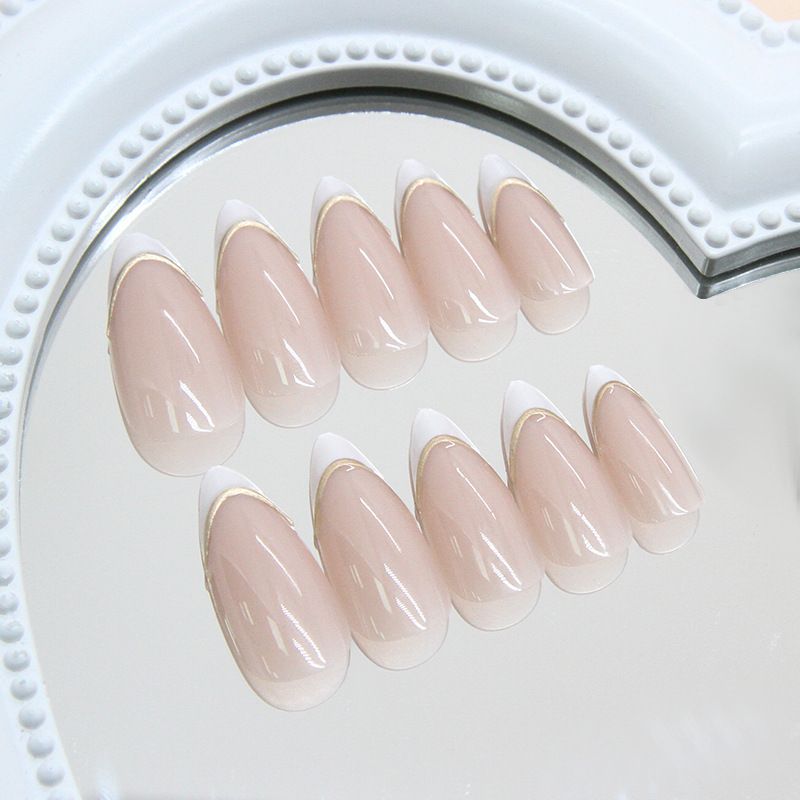 24Pcs Golden French Fake Nail with Almond Head Design Simple Oval False Nails Wearable Press on Nails Full Cover Nail Tips E0186