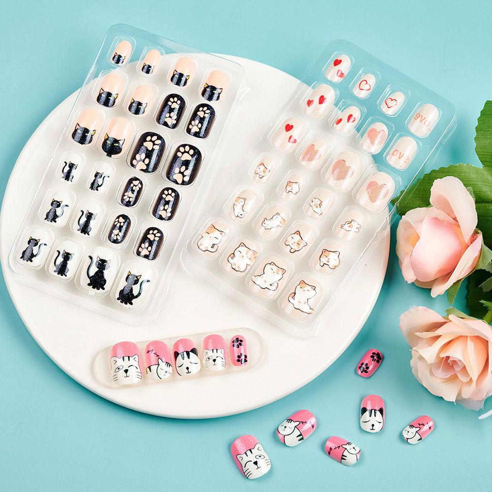 Children Press on Nails,24 Pcs Fake Nails Tips for Kids Acrylic Nails Pre-glue Full Cover Short False Nails Cute Fingernails E0108A