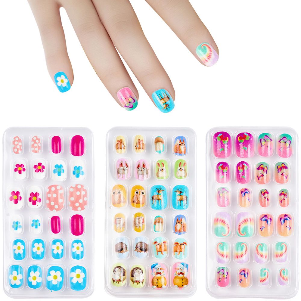 Children Press on Nails,24 Pcs Fake Nails Tips for Kids Acrylic Nails Pre-glue Full Cover Short False Nails Cute Fingernails E0108A