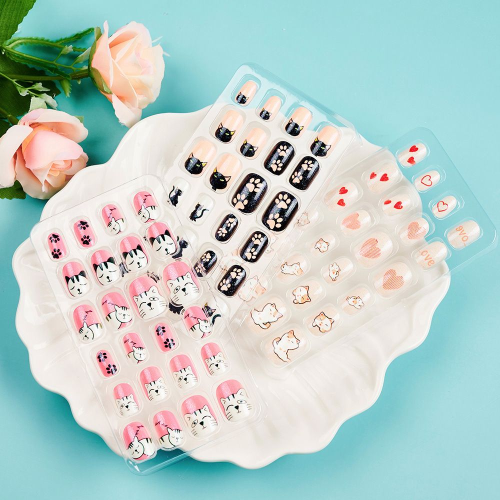 Children Press on Nails,24 Pcs Fake Nails Tips for Kids Acrylic Nails Pre-glue Full Cover Short False Nails Cute Fingernails E0108A