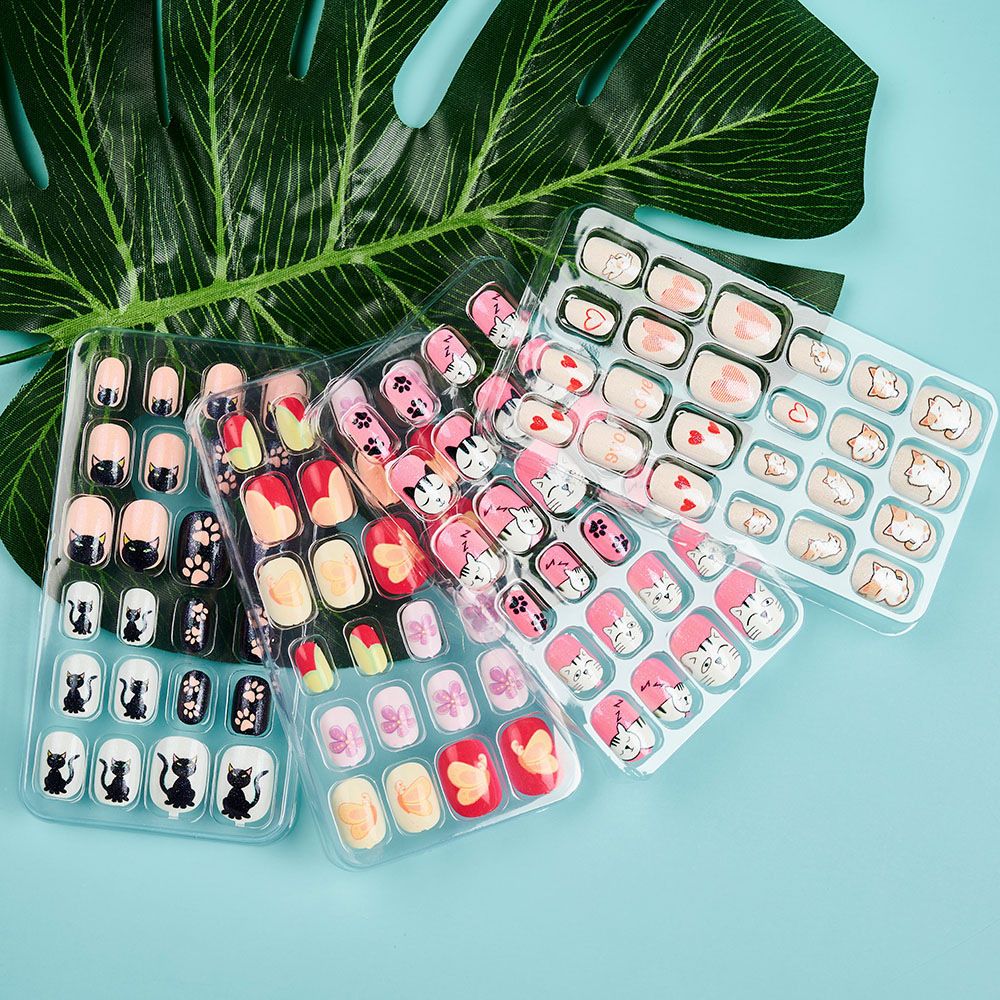 Children Press on Nails,24 Pcs Fake Nails Tips for Kids Acrylic Nails Pre-glue Full Cover Short False Nails Cute Fingernails E0108A