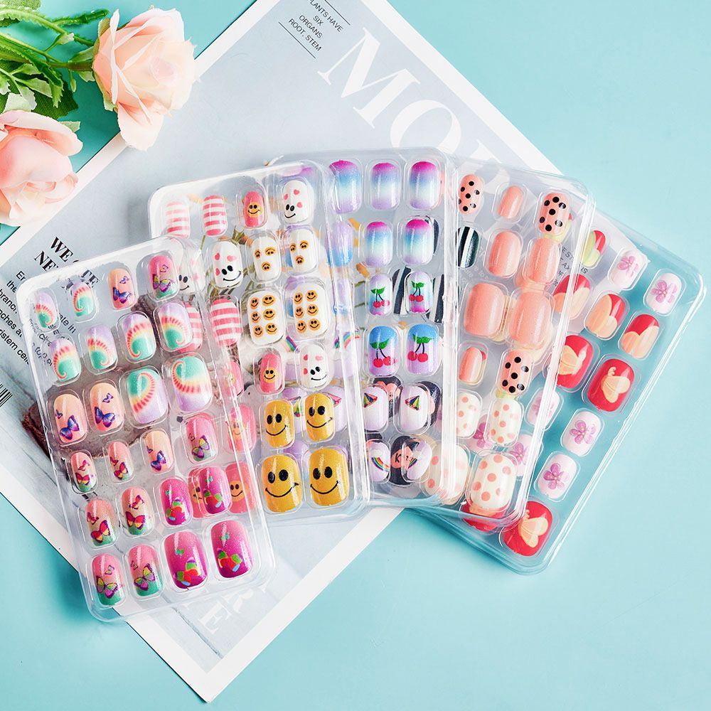Children Press on Nails,24 Pcs Fake Nails Tips for Kids Acrylic Nails Pre-glue Full Cover Short False Nails Cute Fingernails E0108A