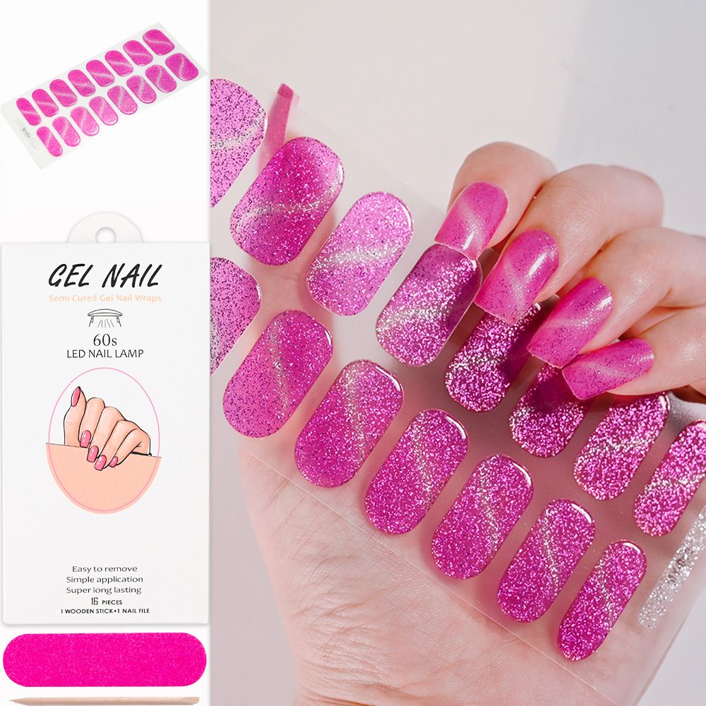 16Tips Semi-Cured Gel Nail Sticker Pure Color UV/LED Lamp Gel Nail Polish Wraps Long-Lasting Full Cover Gel Sticker Nail Decor E0111A