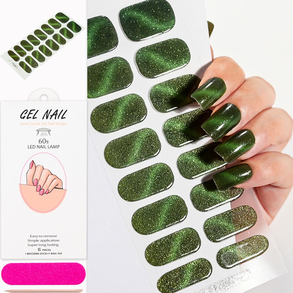 16Tips Semi-Cured Gel Nail Sticker Pure Color UV/LED Lamp Gel Nail Polish Wraps Long-Lasting Full Cover Gel Sticker Nail Decor E0111A