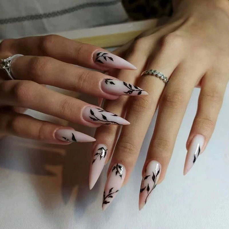 24pcs/set Medium long fake nails Gradient pink red blue flowers heart for Autumn Winter almond ballet tips press on false nail E0112A view 7