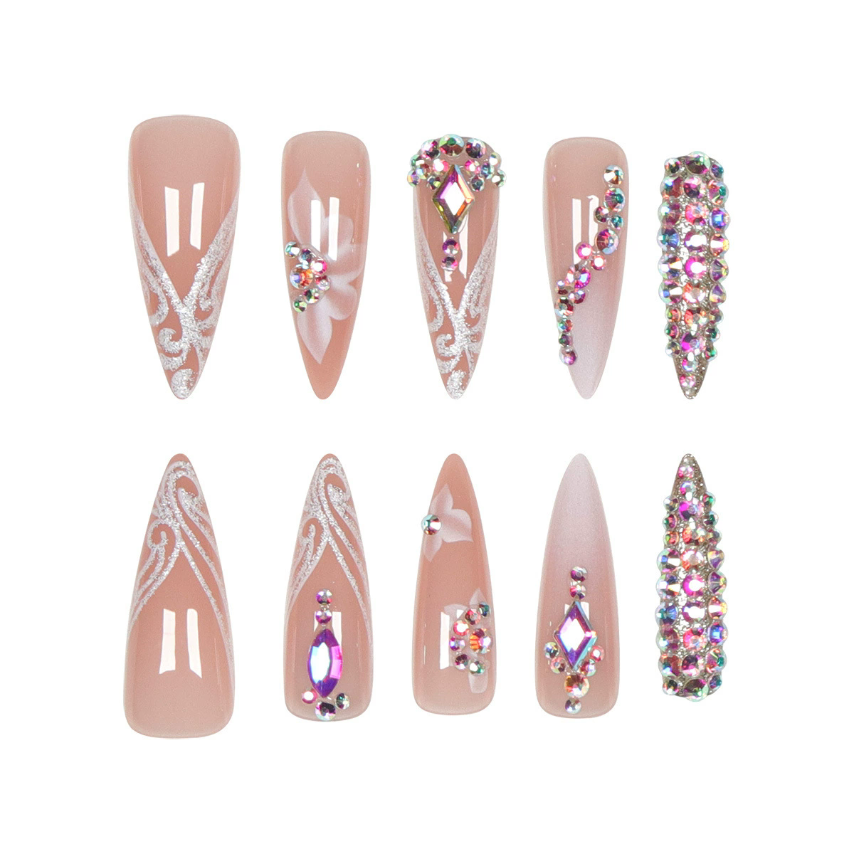 24pcs/set Medium long fake nails Gradient pink red blue flowers heart for Autumn Winter almond ballet tips press on false nail E0112A view 10