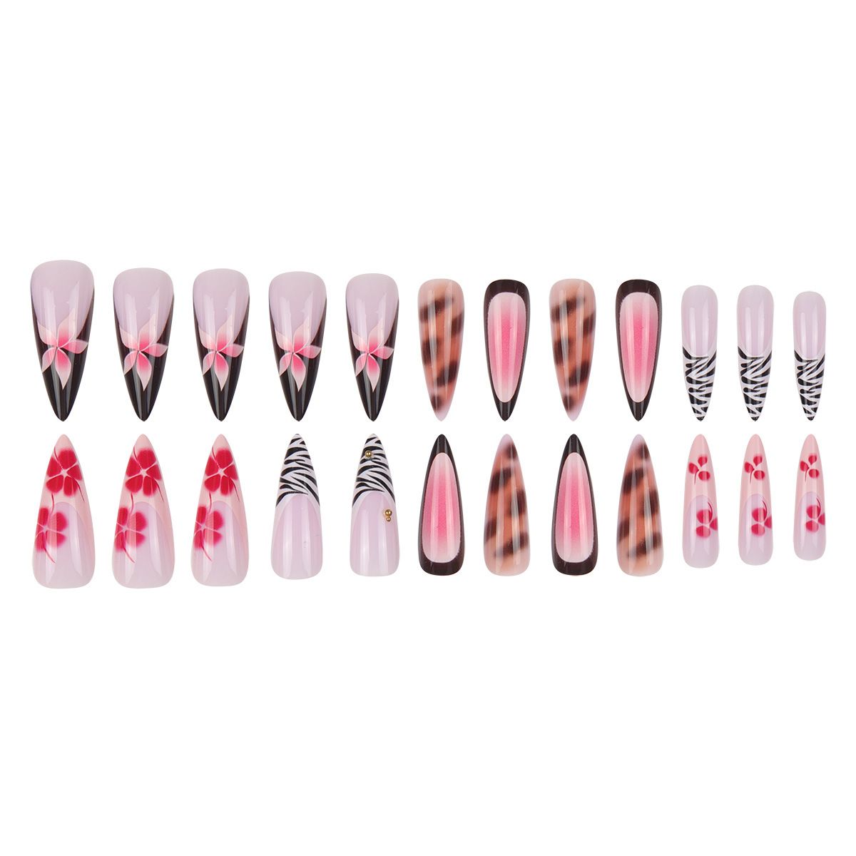 24pcs/set Medium long fake nails Gradient pink red blue flowers heart for Autumn Winter almond ballet tips press on false nail E0112A view 2
