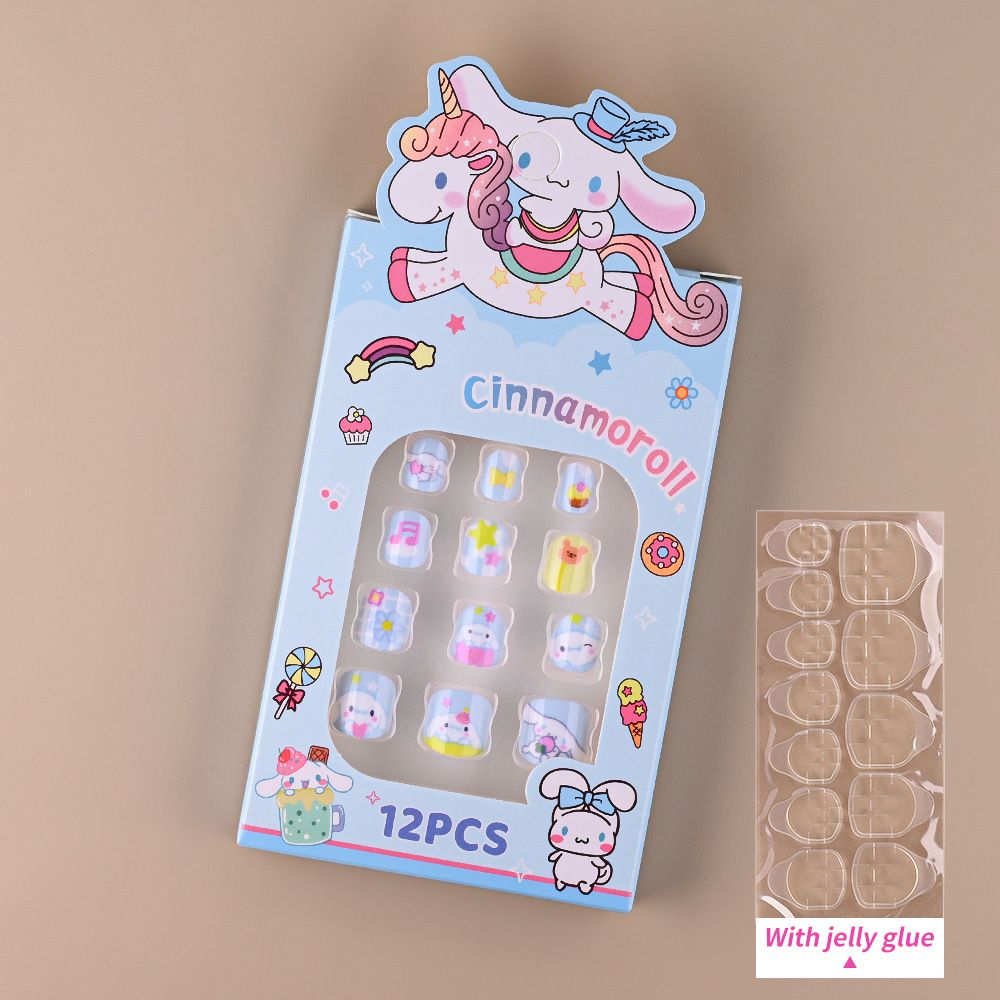 12pcs/Box Hello Kitty Press On Nails For Kid Sweet Cartoon Anime False Nail Tip With Jelly Glue Y2K Boy Girl False Nail For Gift E0113A
