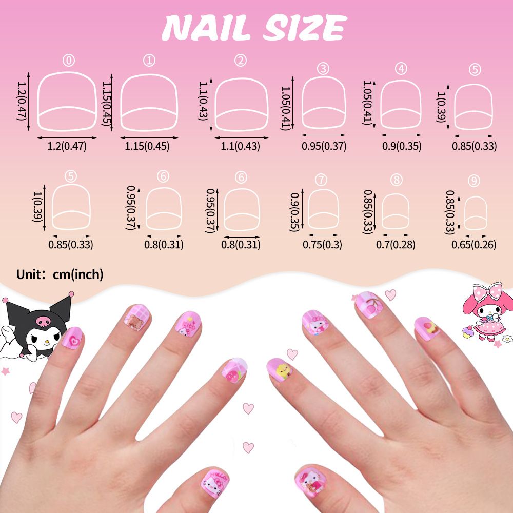 12pcs/Box Hello Kitty Press On Nails For Kid Sweet Cartoon Anime False Nail Tip With Jelly Glue Y2K Boy Girl False Nail For Gift E0113A