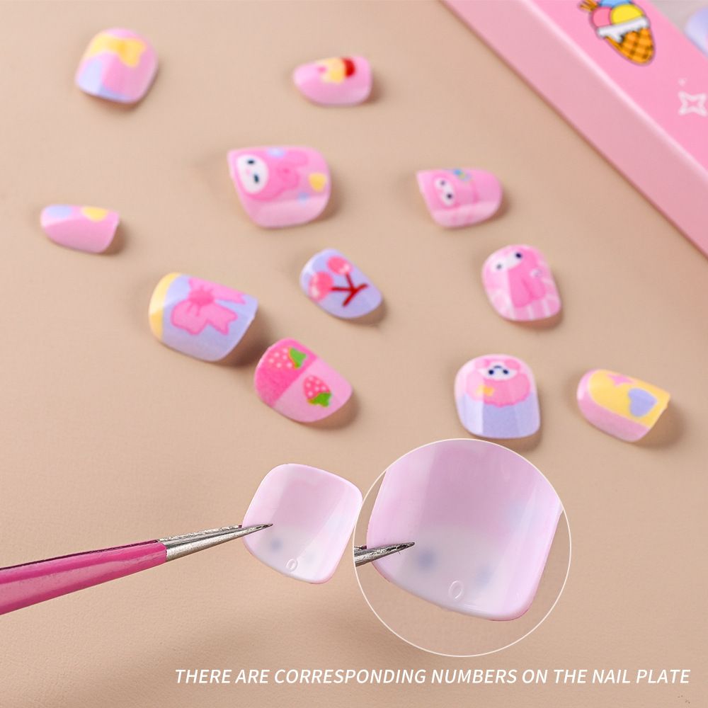 12pcs/Box Hello Kitty Press On Nails For Kid Sweet Cartoon Anime False Nail Tip With Jelly Glue Y2K Boy Girl False Nail For Gift E0113A