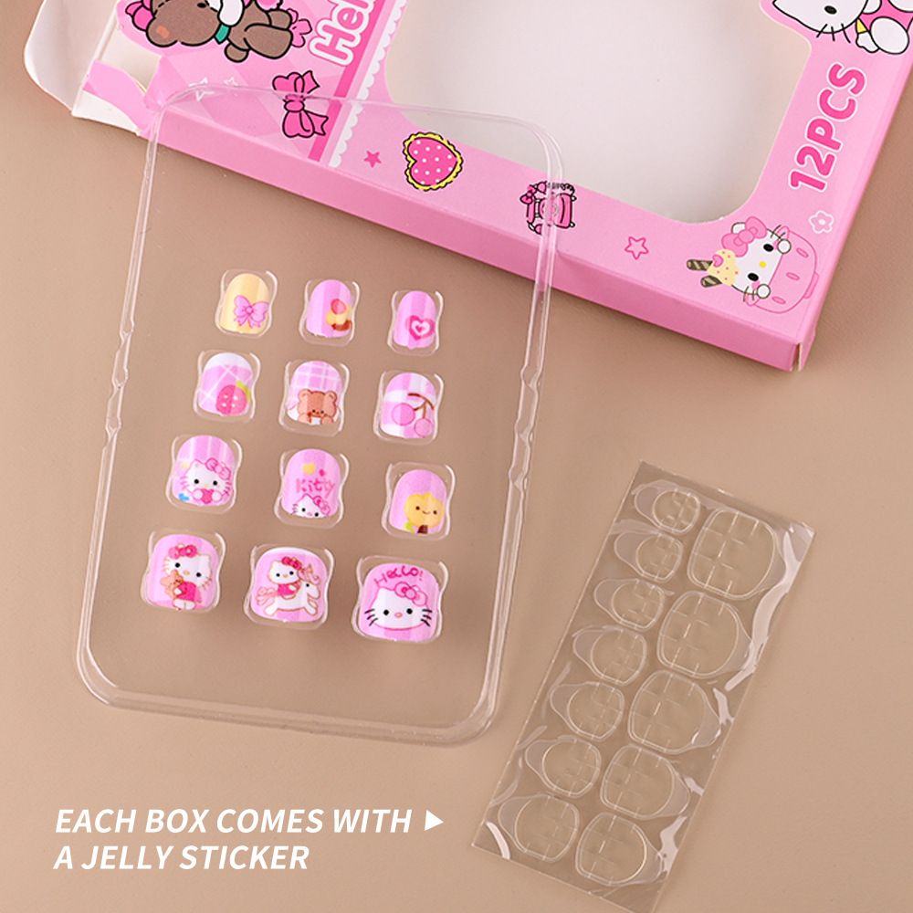 12pcs/Box Hello Kitty Press On Nails For Kid Sweet Cartoon Anime False Nail Tip With Jelly Glue Y2K Boy Girl False Nail For Gift E0113A