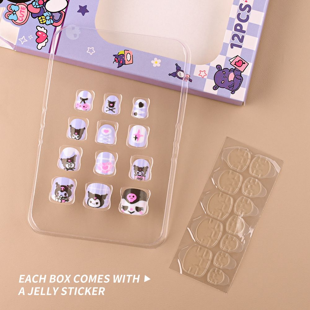 12pcs/Box Hello Kitty Press On Nails For Kid Sweet Cartoon Anime False Nail Tip With Jelly Glue Y2K Boy Girl False Nail For Gift E0113A
