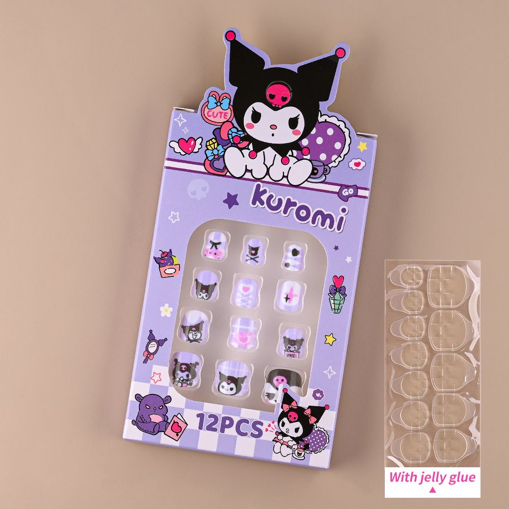 12pcs/Box Hello Kitty Press On Nails For Kid Sweet Cartoon Anime False Nail Tip With Jelly Glue Y2K Boy Girl False Nail For Gift E0113A