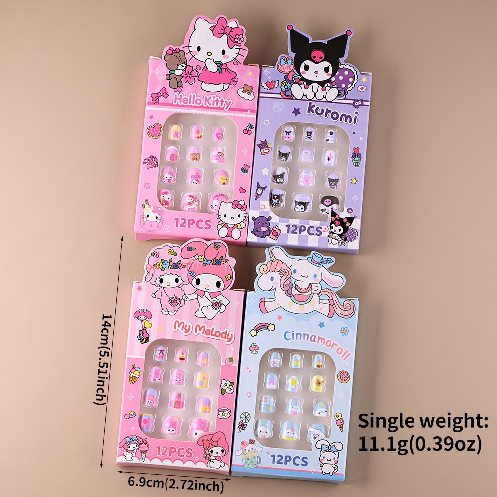 12pcs/Box Hello Kitty Press On Nails For Kid Sweet Cartoon Anime False Nail Tip With Jelly Glue Y2K Boy Girl False Nail For Gift E0113A
