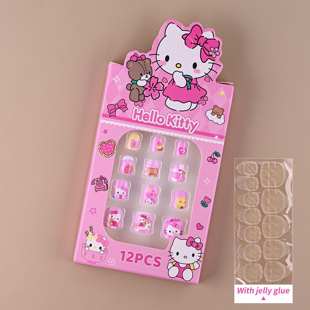 12pcs/Box Hello Kitty Press On Nails For Kid Sweet Cartoon Anime False Nail Tip With Jelly Glue Y2K Boy Girl False Nail For Gift E0113A