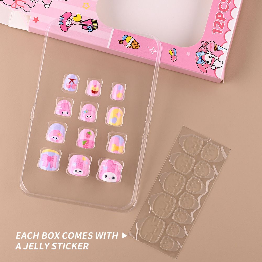 12pcs/Box Hello Kitty Press On Nails For Kid Sweet Cartoon Anime False Nail Tip With Jelly Glue Y2K Boy Girl False Nail For Gift E0113A