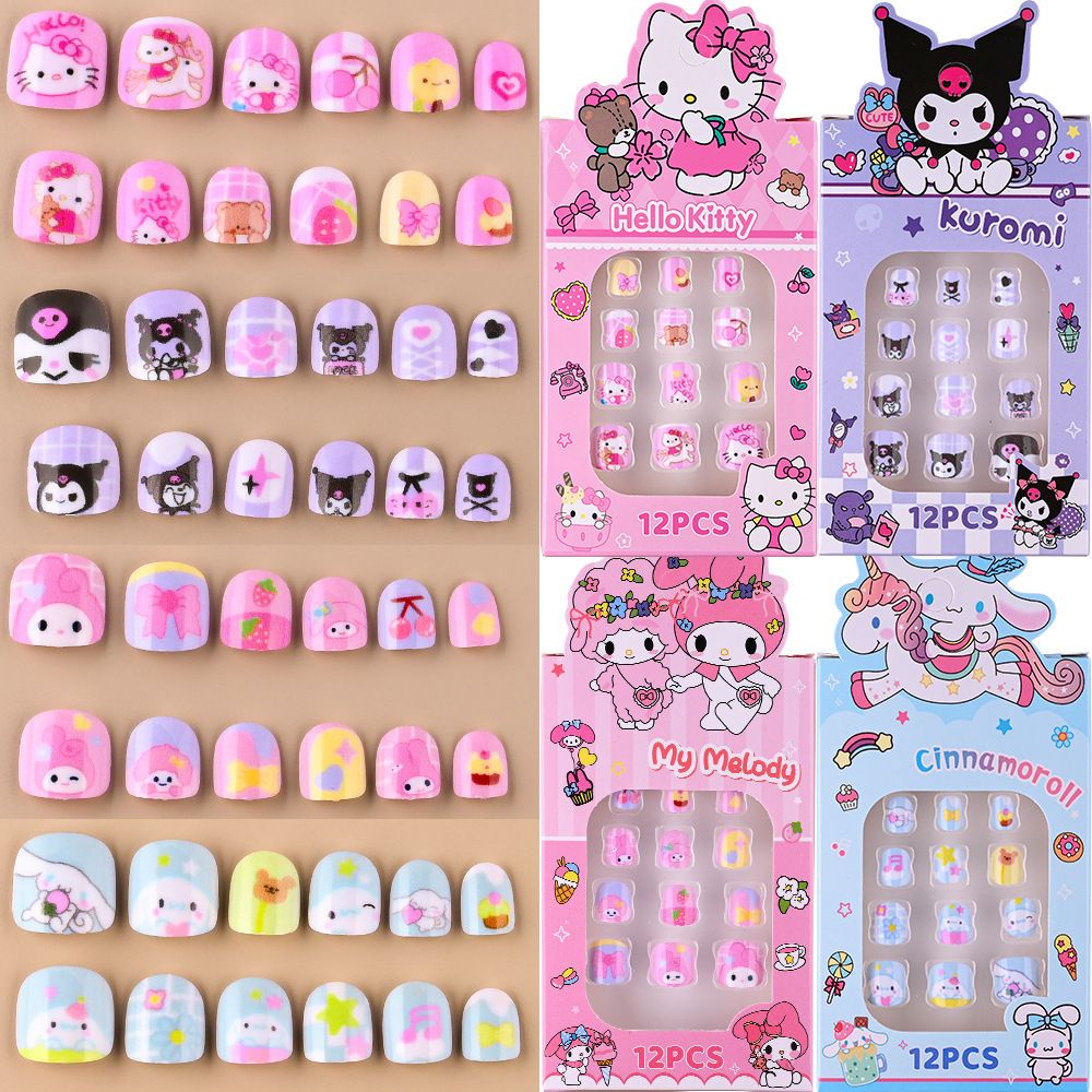 12pcs/Box Hello Kitty Press On Nails For Kid Sweet Cartoon Anime False Nail Tip With Jelly Glue Y2K Boy Girl False Nail For Gift E0113A