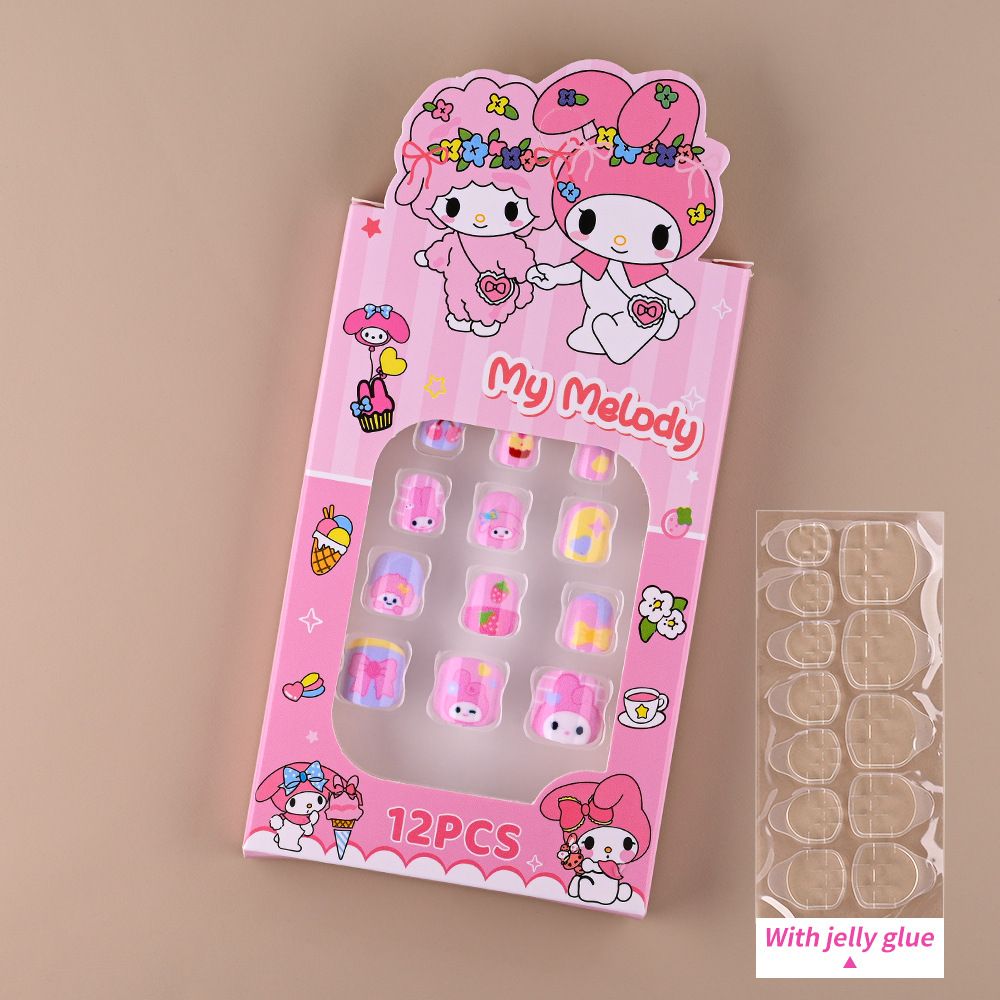 12pcs/Box Hello Kitty Press On Nails For Kid Sweet Cartoon Anime False Nail Tip With Jelly Glue Y2K Boy Girl False Nail For Gift E0113A