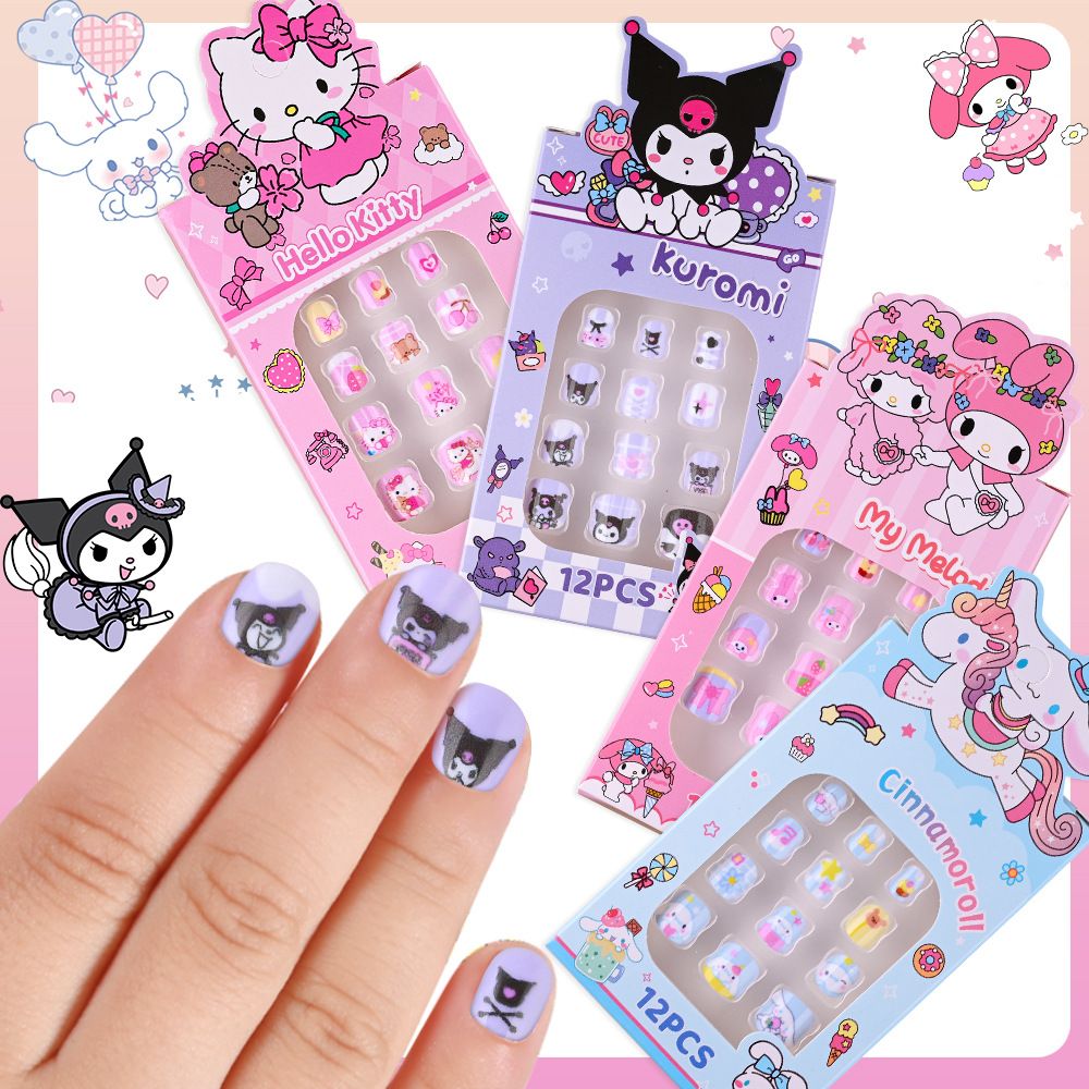 12pcs/Box Hello Kitty Press On Nails For Kid Sweet Cartoon Anime False Nail Tip With Jelly Glue Y2K Boy Girl False Nail For Gift E0113A