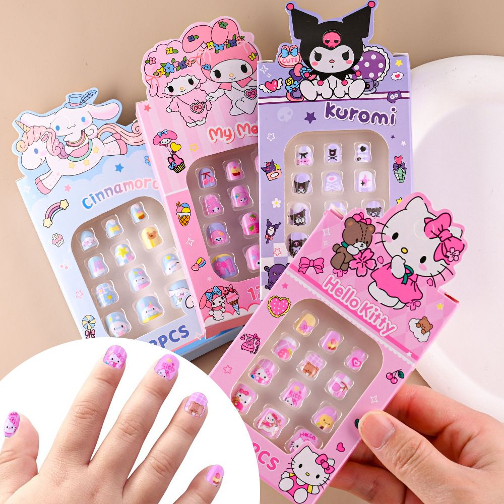 12pcs/Box Hello Kitty Press On Nails For Kid Sweet Cartoon Anime False Nail Tip With Jelly Glue Y2K Boy Girl False Nail For Gift E0113A