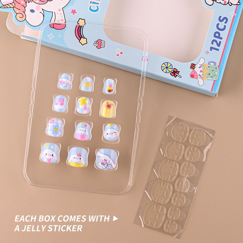 12pcs/Box Hello Kitty Press On Nails For Kid Sweet Cartoon Anime False Nail Tip With Jelly Glue Y2K Boy Girl False Nail For Gift E0113A