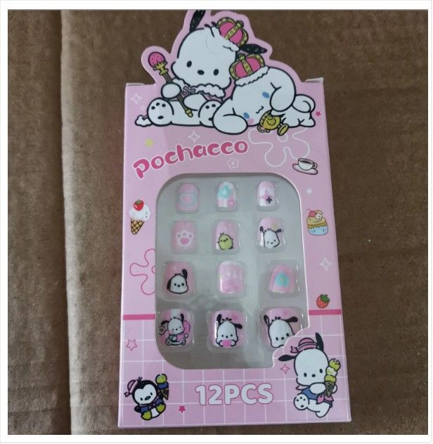 12pcs/Box Hello Kitty Press On Nails For Kid Sweet Cartoon Anime False Nail Tip With Jelly Glue Y2K Boy Girl False Nail For Gift E0113A