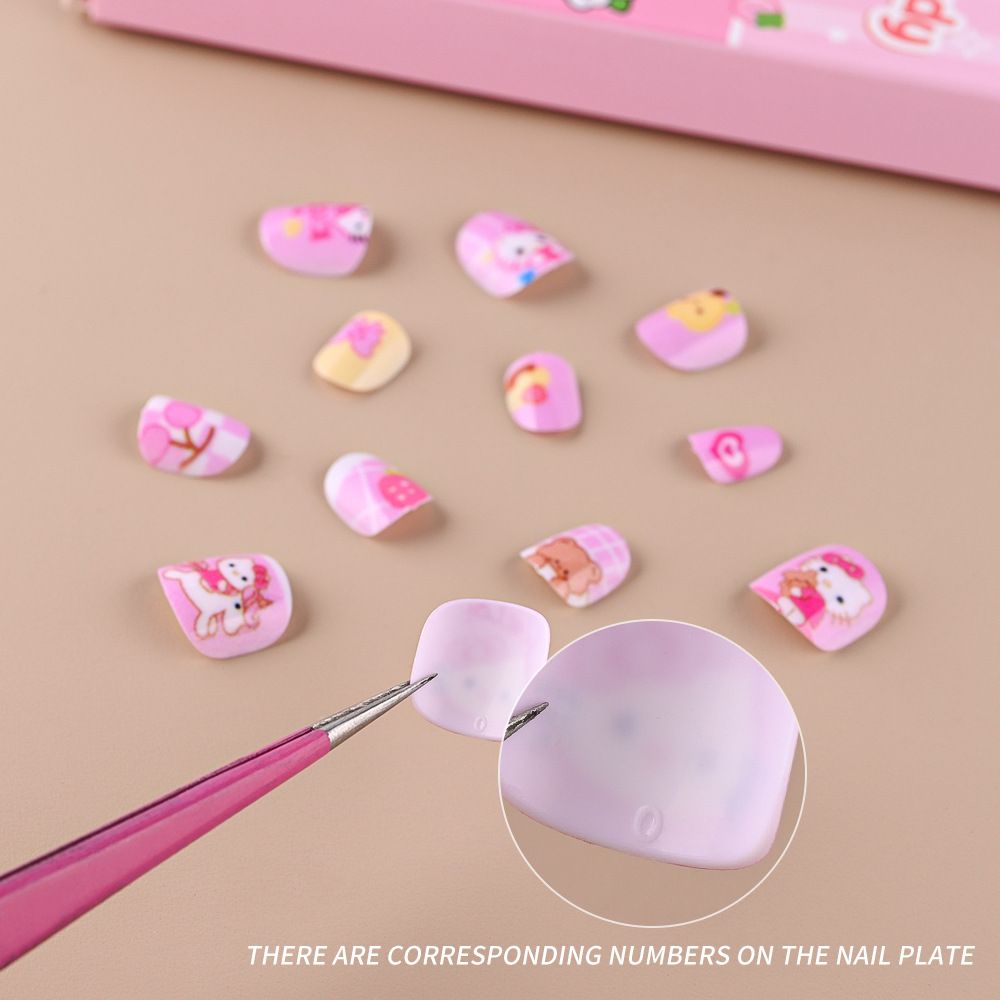 12pcs/Box Hello Kitty Press On Nails For Kid Sweet Cartoon Anime False Nail Tip With Jelly Glue Y2K Boy Girl False Nail For Gift E0113A