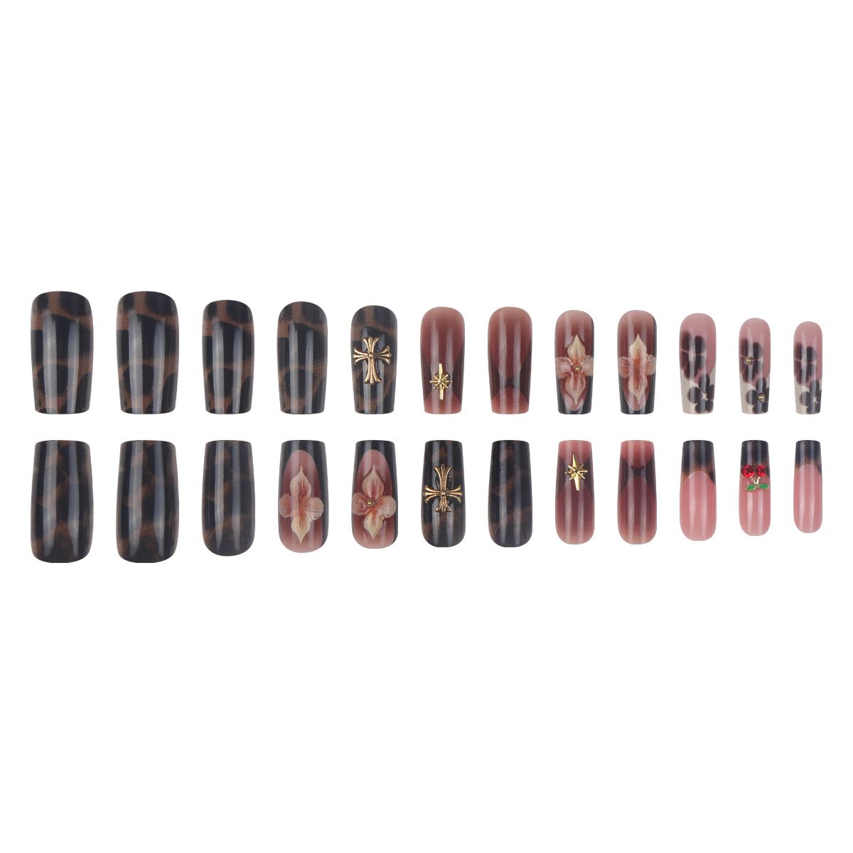 24Pcs Long Coffin False Nails Star Heart with Rhinestones French Design Wearable Fake Nails Glitter Press on Nails Tips Art E0115A