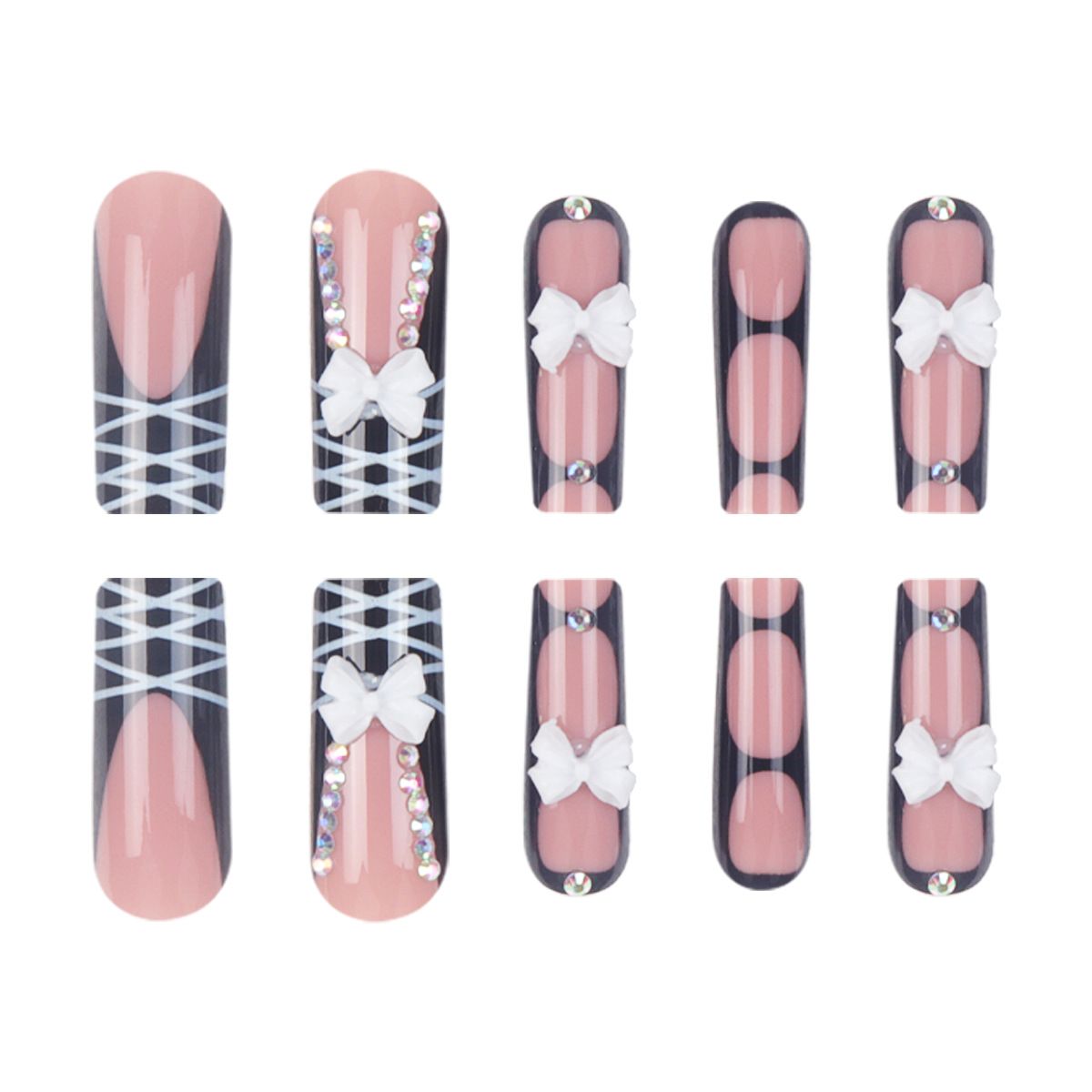 24Pcs Long Coffin False Nails Star Heart with Rhinestones French Design Wearable Fake Nails Glitter Press on Nails Tips Art E0115A