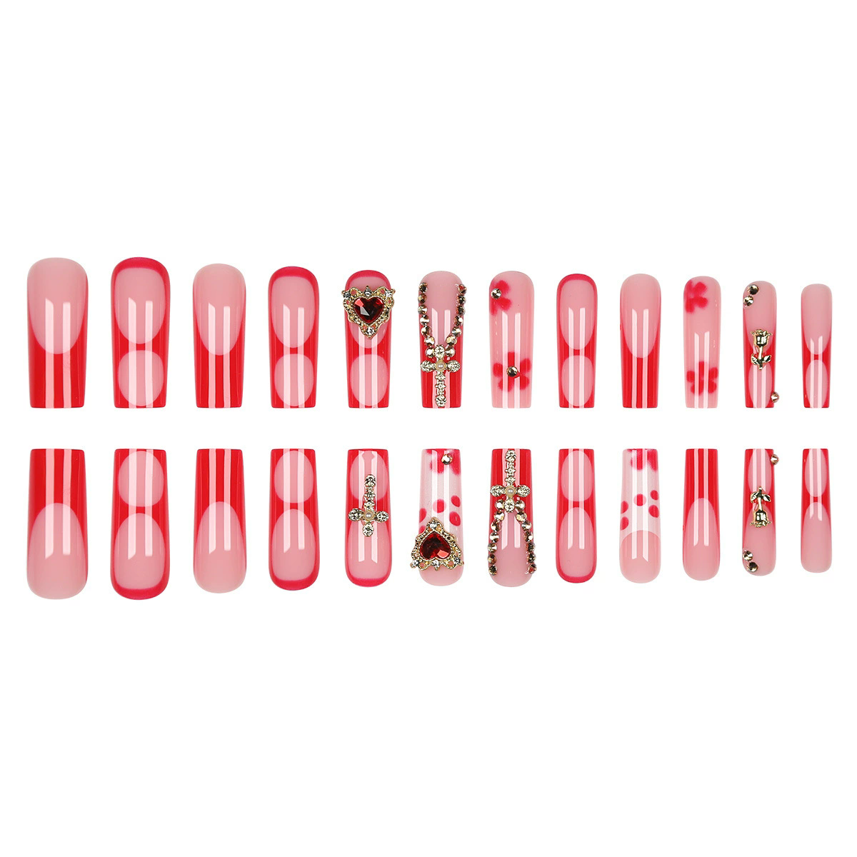 24Pcs Long Coffin False Nails Star Heart with Rhinestones French Design Wearable Fake Nails Glitter Press on Nails Tips Art E0115A