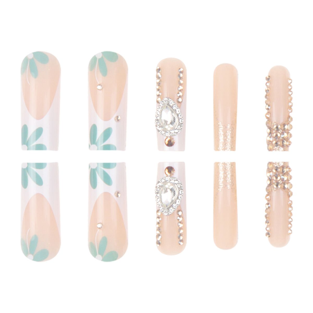 24Pcs Long Coffin False Nails Star Heart with Rhinestones French Design Wearable Fake Nails Glitter Press on Nails Tips Art E0115A